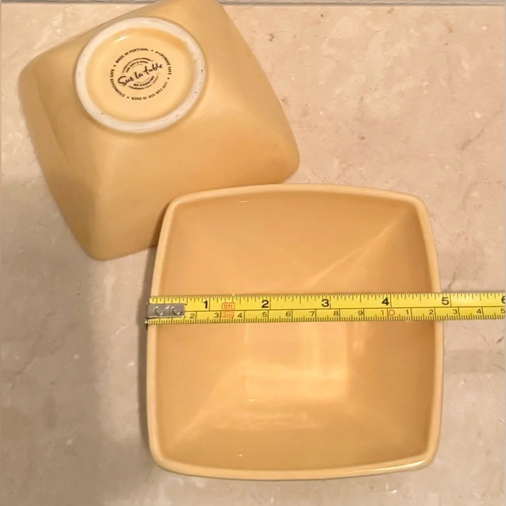 2 Sur La Table yellow 5” square bowls. New